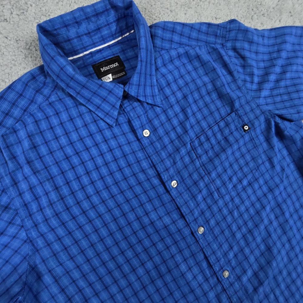 Marmot Shirt Mens Size Large Blue Plaid Button Front Short Sleeve Pocket Outdoor